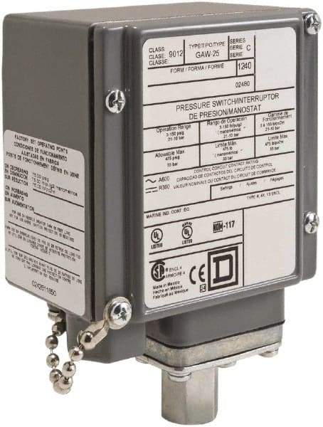 Square D - 4, 13 and 4X NEMA Rated, DPDT, 13 to 425 psi, Electromechanical Pressure and Level Switch - Fixed Pressure, 120 VAC at 6 Amp, 125 VDC at 0.22 Amp, 240 VAC at 3 Amp, 250 VDC at 0.11 Amp, 1/4 Inch Connector, Screw Terminal, For Use with 9012G - USA Tool & Supply