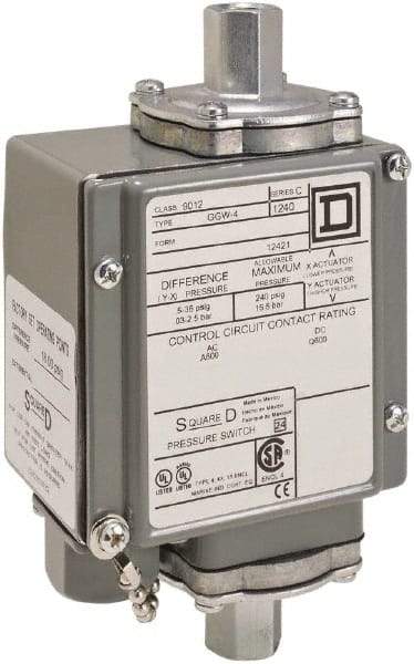 Square D - 4, 13 and 4X NEMA Rated, SPDT, 175 psi, Electromechanical Pressure and Level Switch - Adjustable Pressure, 120 VAC at 6 Amp, 125 VDC at 0.22 Amp, 240 VAC at 3 Amp, 250 VDC at 0.27 Amp, 1/4 Inch Connector, Screw Terminal, For Use with 9012G - USA Tool & Supply