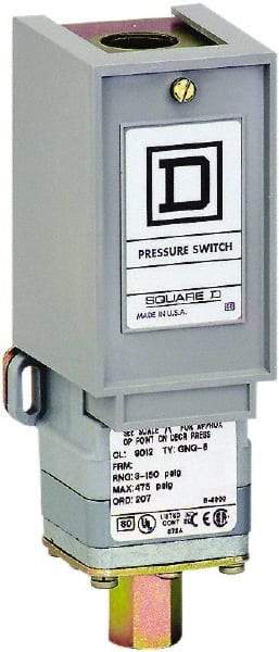 Square D - 1 NEMA Rated, SPDT, 3 to 150 psi, Electromechanical Pressure and Level Switch - Adjustable Pressure, 120 VAC at 6 Amp, 125 VDC at 0.22 Amp, 240 VAC at 3 Amp, 250 VDC at 0.27 Amp, 1/2 Inch Connector, Screw Terminal, For Use with 9012G - USA Tool & Supply