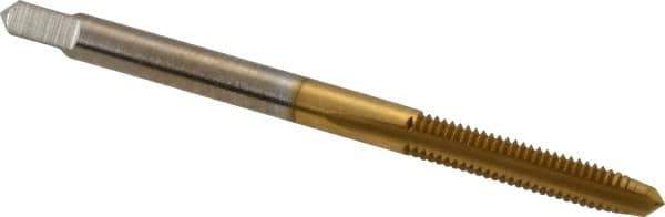 Hertel - #6-40 UNF 2B/3B 3 Flute TiN Finish High Speed Steel Straight Flute Standard Hand Tap - Plug, Right Hand Thread, 2" OAL, 11/16" Thread Length, H2 Limit - Exact Industrial Supply