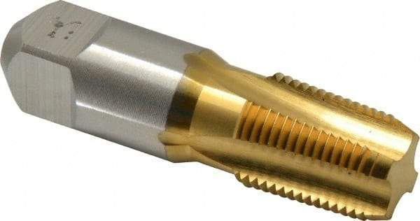 Hertel - 3/8-18 NPT Thread, 4 Flute Short Projection Standard Pipe Tap - 2-9/16" OAL, 1-1/16" Thread Length, 0.7" Shank Diam, TiN Finish, High Speed Steel - Exact Industrial Supply