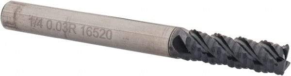 OSG - 1/4" Diam, Coarse Pitch, 3/4" LOC, 4 Flute Solid Carbide 0.03" Corner Radius Roughing End Mill - TiAlN Finish, 2-1/2" OAL, 1/4" Shank Diam, Single End, Centercutting, 40° Helix - USA Tool & Supply