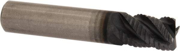 OSG - 3/8" Diam, Coarse Pitch, 1/2" LOC, 4 Flute Solid Carbide 0.03" Corner Radius Roughing End Mill - TiAlN Finish, 2" OAL, 3/8" Shank Diam, Single End, Centercutting, 40° Helix - USA Tool & Supply