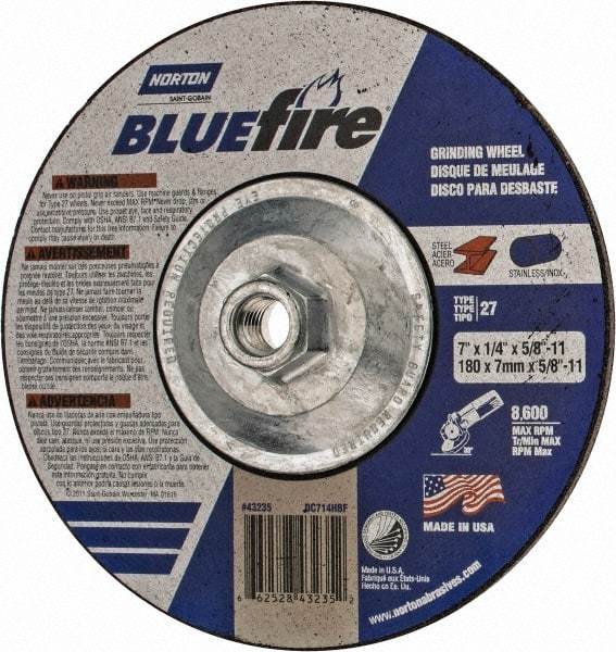 Norton - 24 Grit, 7" Wheel Diam, 1/4" Wheel Thickness, Type 27 Depressed Center Wheel - Zirconia Alumina, S Hardness, 8,600 Max RPM, Compatible with Angle Grinder - USA Tool & Supply