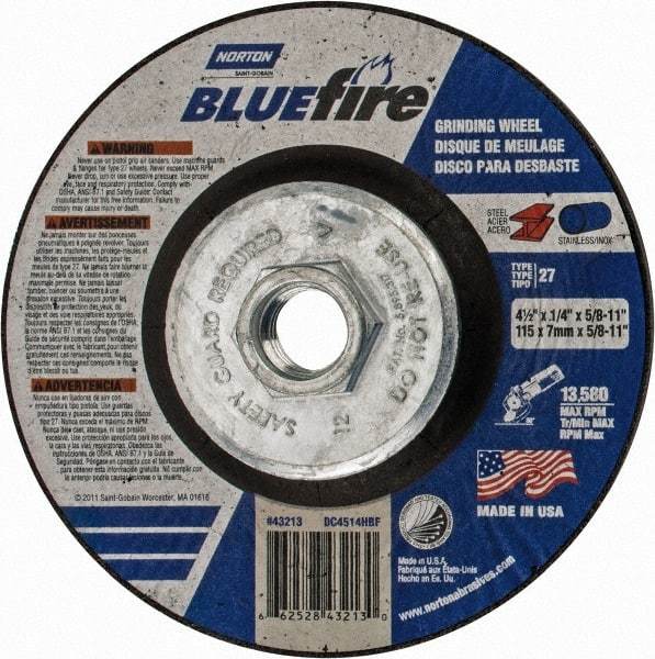 Norton - 24 Grit, 4-1/2" Wheel Diam, 1/4" Wheel Thickness, Type 27 Depressed Center Wheel - Zirconia Alumina, S Hardness, 13,580 Max RPM, Compatible with Angle Grinder - USA Tool & Supply