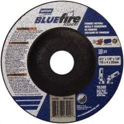 Norton - 24 Grit, 4-1/2" Wheel Diam, 1/8" Wheel Thickness, 7/8" Arbor Hole, Type 27 Depressed Center Wheel - Zirconia Alumina/Silicon Carbide Blend, T Hardness, 13,580 Max RPM, Compatible with Angle Grinder - USA Tool & Supply