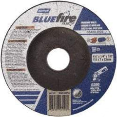 Norton - 24 Grit, 4-1/2" Wheel Diam, 1/4" Wheel Thickness, 7/8" Arbor Hole, Type 27 Depressed Center Wheel - Zirconia Alumina, S Hardness, 13,580 Max RPM, Compatible with Angle Grinder - USA Tool & Supply