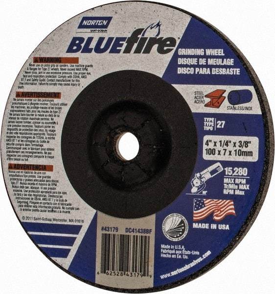 Norton - 24 Grit, 4" Wheel Diam, 1/4" Wheel Thickness, 3/8" Arbor Hole, Type 27 Depressed Center Wheel - Zirconia Alumina, S Hardness, 15,280 Max RPM, Compatible with Angle Grinder - USA Tool & Supply