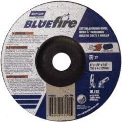 Norton - 30 Grit, 6" Wheel Diam, 1/8" Wheel Thickness, 7/8" Arbor Hole, Type 27 Depressed Center Wheel - Zirconia Alumina, U Hardness, 10,185 Max RPM, Compatible with Angle Grinder - USA Tool & Supply