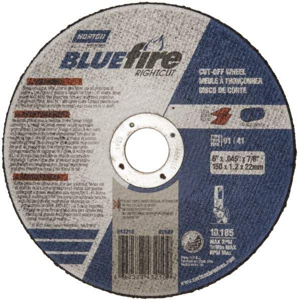 Norton - 6" 36 Grit Zirconia Alumina Cutoff Wheel - 1/16" Thick, 7/8" Arbor, 10,185 Max RPM, Use with Angle Grinders - USA Tool & Supply