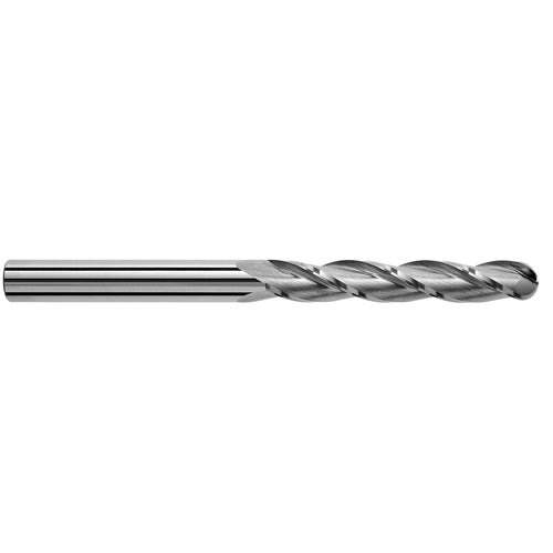 16 mm Dia. × 16 mm Shank × 75 mm DOC × 150 mm OAL, Carbide Uncoated, Spiral , 3 Flute, 30° Helix, Ballnose End Mill - Exact Industrial Supply