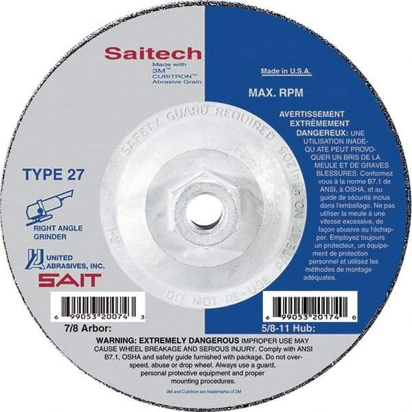 Sait - 7" Wheel Diam, 1/4" Wheel Thickness, Type 27 Depressed Center Wheel - Ceramic, Resinoid Bond, 8,500 Max RPM, Compatible with Angle Grinder - USA Tool & Supply