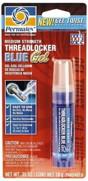 Permatex - 10 Gal Tube, Blue, Medium Strength Gel Threadlocker - Series 240, 24 hr Full Cure Time, Hand Tool Removal - USA Tool & Supply