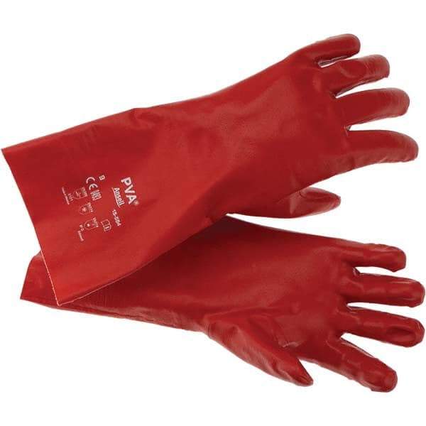 Ansell - Size L (9), 14" Long, Supported, Polyvinyl Alcohol (PVA) Chemical Resistant Gloves - Smooth Finish, Cotton Interlock Knit Lined, Gauntlet Cuff, ANSI Abrasion Level 4, ANSI Cut Level 1, Red - USA Tool & Supply