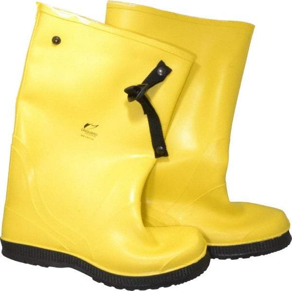 Dunlop Protective Footwear - Men's 14 (Women's 16) Rain & Cold Resistant Overboots - 17" High, Plain Toe, Self Cleaning & Cleated Sole, PVC Upper, Yellow, Adjustable Polyester Strap, Buckles & Snaps - USA Tool & Supply