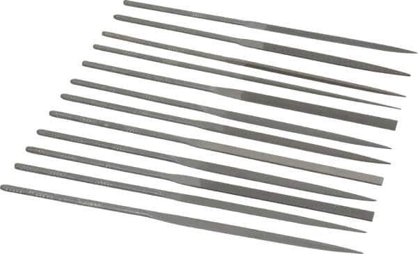 Grobet - 12 Piece Swiss Pattern File Set - 6-1/4" Long, 0 Coarseness, Set Includes Barrette, Crossing, Equalling, Half Round, Knife, Marking, Round, Round Edge Joint, Slitting, Square, Three Square, Warding - USA Tool & Supply