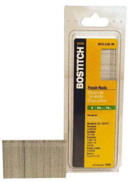 Stanley Bostitch - 16 Gauge 2" Long Finishing Nails for Power Nailers - Steel, Galvanized Finish, Straight Stick Collation, Chisel Point - USA Tool & Supply