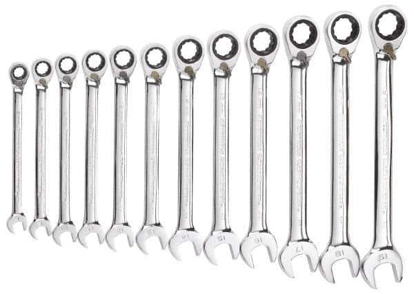 GearWrench - 12 Piece, 8mm to 19mm, Ratcheting Combination Wrench Set - Metric Measurement Standard, Chrome Finish, Comes in Tray - USA Tool & Supply