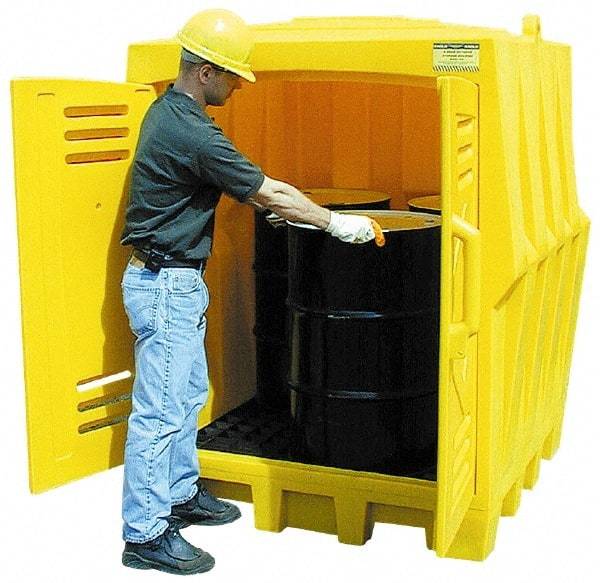 Eagle - 4 Drum, 66 Gal Sump Capacity, Storage Hut - 57-1/2" Long x 57-1/2" Wide x 72" High, Vertical Storage, Polyethylene - USA Tool & Supply