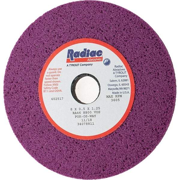 Radiac Abrasives - 8" Diam x 1-1/4" Hole x 1/2" Thick, H Hardness, 46 Grit Surface Grinding Wheel - Aluminum Oxide, Type 1, Coarse Grade, 3,600 Max RPM, Vitrified Bond, No Recess - USA Tool & Supply