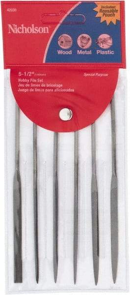 Nicholson - 6 Piece American Pattern File Set - 5-1/2" Long, Fine Coarseness, Set Includes Equalling, Flat, Half Round, Round, Square, Three Square - USA Tool & Supply