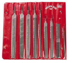 Nicholson - 9 Piece American Pattern File Set - 6", 8", 10" Long, Bastard/Smooth Coarseness, Set Includes Flat, Half Round, Mill, Round, Slim Taper - USA Tool & Supply