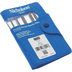 Nicholson - 12 Piece Swiss Pattern File Set - 4" Long, 0 Coarseness, Round Handle, Set Includes Barrette, Crossing, Equalling, Flat, Half Round, Knife, Round, Slitting, Square, Three Square - USA Tool & Supply