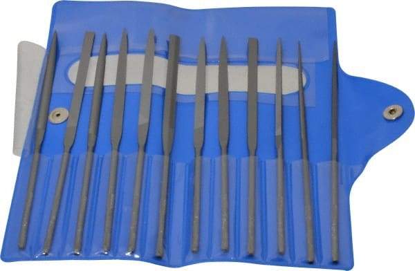 Nicholson - 12 Piece Swiss Pattern File Set - 5-1/2" Long, 4 Coarseness, Round Handle, Set Includes Barrette, Crossing, Equalling, Flat, Half Round, Knife, Round, Slitting, Square, Three Square - USA Tool & Supply