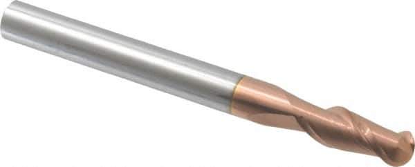 Accupro - 3/8" Diam, 1" LOC, 2 Flute Solid Carbide Ball End Mill - TiCN Finish, Single End, 4" OAL, 3/8" Shank Diam, Spiral Flute - USA Tool & Supply