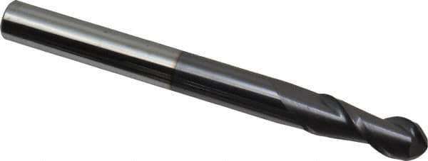 Accupro - 3/8" Diam, 1" LOC, 2 Flute Solid Carbide Ball End Mill - AlTiN Finish, Single End, 4" OAL, 3/8" Shank Diam, Spiral Flute - USA Tool & Supply