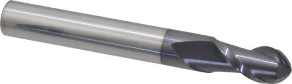 Accupro - 1/2" Diam, 1" LOC, 2 Flute Solid Carbide Ball End Mill - AlTiN Finish, Single End, 4" OAL, 1/2" Shank Diam, Spiral Flute - USA Tool & Supply