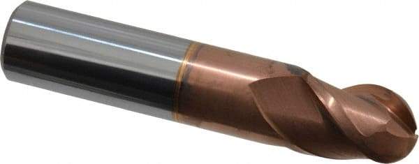 Accupro - 1/2" Diam, 5/8" LOC, 3 Flute Solid Carbide Ball End Mill - TiCN Finish, Single End, 2-1/2" OAL, 1/2" Shank Diam, Spiral Flute - USA Tool & Supply