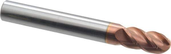 Accupro - 1/2" Diam, 1" LOC, 4 Flute Solid Carbide Ball End Mill - TiCN Finish, Single End, 4" OAL, 1/2" Shank Diam, Spiral Flute - USA Tool & Supply