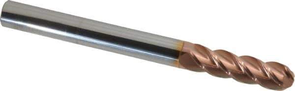 Accupro - 9/16" Diam, 2" LOC, 4 Flute Solid Carbide Ball End Mill - TiCN Finish, Single End, 6" OAL, 9/16" Shank Diam, Spiral Flute - USA Tool & Supply
