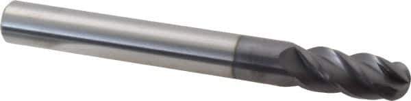 Accupro - 7/16" Diam, 1" LOC, 4 Flute Solid Carbide Ball End Mill - AlTiN Finish, Single End, 4" OAL, 7/16" Shank Diam, Spiral Flute - USA Tool & Supply