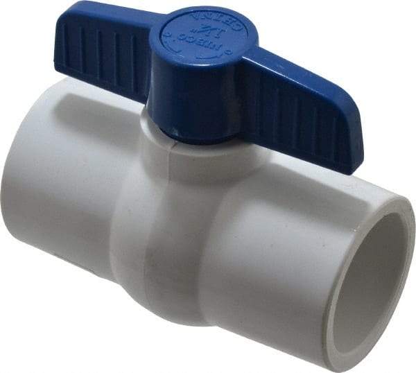 NIBCO - 1-1/4" Pipe, Standard Port, PVC Miniature Ball Valve - 1 Piece, Inline - One Way Flow, Solvent x Solvent Ends, Tee Handle, 150 WOG - USA Tool & Supply