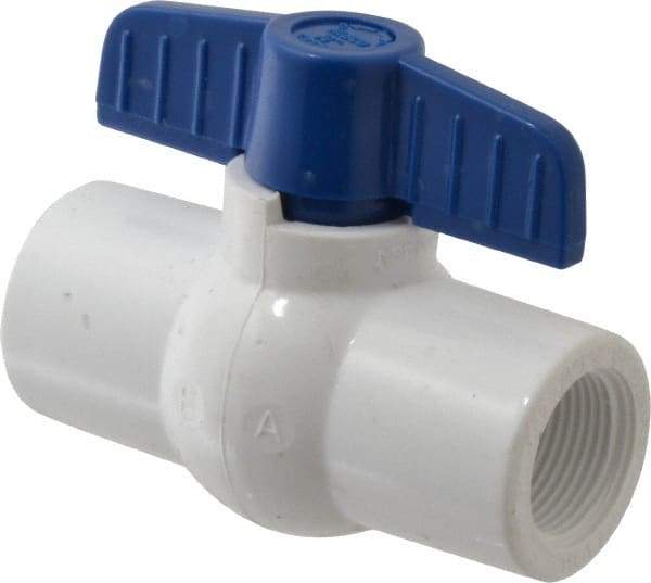 NIBCO - 3/4" Pipe, Standard Port, PVC Miniature Ball Valve - 1 Piece, Inline - One Way Flow, FNPT x FNPT Ends, Tee Handle, 150 WOG - USA Tool & Supply