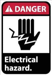 NMC - Accident Prevention Label, Header: DANGER - Legend: Danger - Electrical Hazard, English, Red, Black & White, 5" Long x 3" High, Sign Muscle Finish - USA Tool & Supply