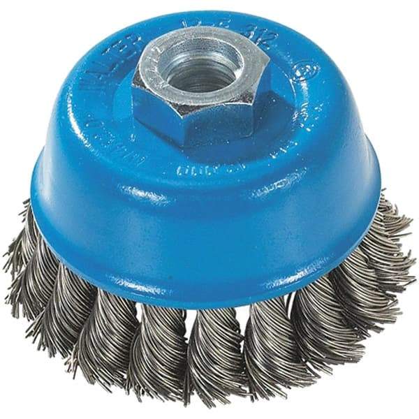 WALTER Surface Technologies - 3" Diam, 5/8-11 Threaded Arbor, Stainless Steel Fill Cup Brush - 0.015 Wire Diam, 12,000 Max RPM - USA Tool & Supply