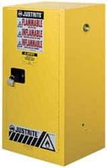 Justrite - 1 Door, 1 Shelf, Yellow Steel Space Saver Safety Cabinet for Flammable and Combustible Liquids - 44" High x 23-1/4" Wide x 18" Deep, Manual Closing Door, 15 Gal Capacity - USA Tool & Supply