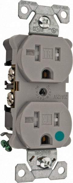 Cooper Wiring Devices - 125 VAC, 20 Amp, 5-20R NEMA Configuration, Gray, Hospital Grade, Self Grounding Duplex Receptacle - 1 Phase, 2 Poles, 3 Wire, Flush Mount, Chemical, Impact and Tamper Resistant - USA Tool & Supply