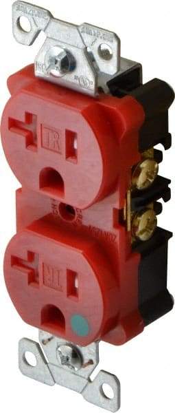 Cooper Wiring Devices - 125 VAC, 20 Amp, 5-20R NEMA Configuration, Red, Hospital Grade, Self Grounding Duplex Receptacle - 1 Phase, 2 Poles, 3 Wire, Flush Mount, Chemical, Impact and Tamper Resistant - USA Tool & Supply
