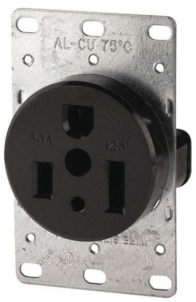 Cooper Wiring Devices - 125 VAC, 50 Amp, 5-50R NEMA Configuration, Black, Specification Grade, Self Grounding Single Receptacle - 1 Phase, 2 Poles, 3 Wire, Flush Mount, Corrosion Resistant - USA Tool & Supply