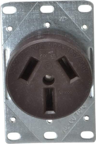 Cooper Wiring Devices - 125/250 VAC, 50 Amp, 10-50R NEMA Configuration, Brown, Specification Grade, Ungrounded Single Receptacle - 1 Phase, 3 Poles, 3 Wire, Flush Mount, Corrosion Resistant - USA Tool & Supply