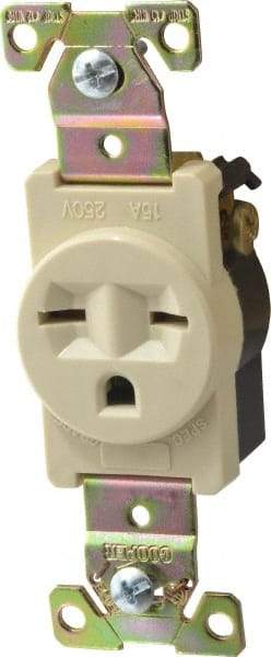 Cooper Wiring Devices - 250 VAC, 15 Amp, 6-15R NEMA Configuration, Ivory, Industrial Grade, Self Grounding Single Receptacle - 1 Phase, 2 Poles, 3 Wire, Flush Mount, Chemical, Heat and Impact Resistant - USA Tool & Supply