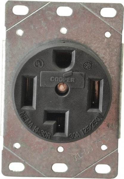Cooper Wiring Devices - 125/250 VAC, 30 Amp, 14-30R NEMA Configuration, Black, Specification Grade, Ungrounded Single Receptacle - 1 Phase, 3 Poles, 3 Wire, Flush Mount, Corrosion Resistant - USA Tool & Supply