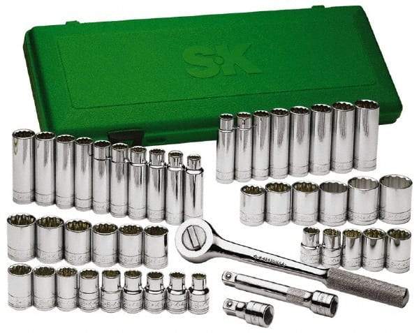 SK - 47 Piece 1/2" Drive Deep Well Socket Set - 6 Points, 1/2" to 1-1/2" (10mm to 24mm) Range, Inch/Metric Measurement Standard - USA Tool & Supply