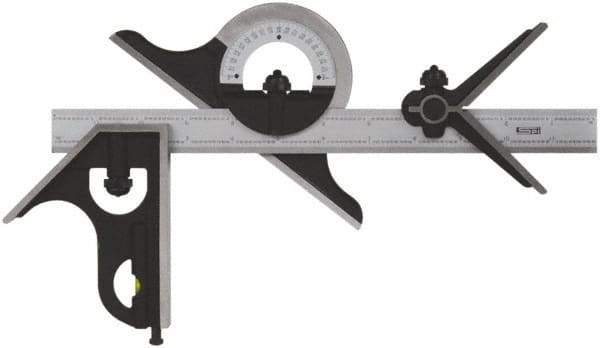 SPI - 4 Piece, 24" Combination Square Set - 1/100, 1/32, 1/50 & 1/64" (16R) Graduation, Hardened Steel Blade, Cast Iron Center, Protractor & Square Head - USA Tool & Supply