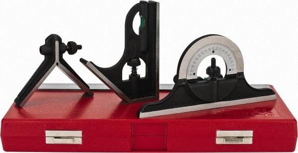 SPI - 4 Piece, 12" Combination Square Set - 1/16, 1/32, 1/64 & 1/8" (4R) Graduation, Hardened Steel Blade, Cast Iron Center, Protractor & Square Head - USA Tool & Supply