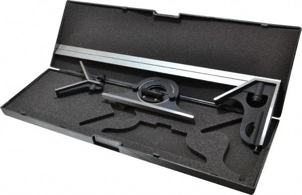 SPI - 4 Piece, 18" Combination Square Set - 1/16, 1/32, 1/64 & 1/8" (4R) Graduation, Hardened Steel Blade, Cast Iron Center, Protractor & Square Head - USA Tool & Supply